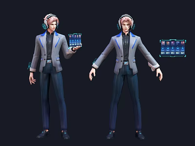 Game and Movie Character in Gray Suit with Headphones Holding Screen Device and Floating Screens 3d model