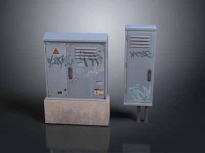 Metal Computer Equipment Cabinets With Graffiti Ventilation Holes And Handles On Stone Base And Stands 3d model