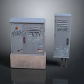 Metal Computer Equipment Cabinets With Graffiti Ventilation Holes And Handles On Stone Base And Stands