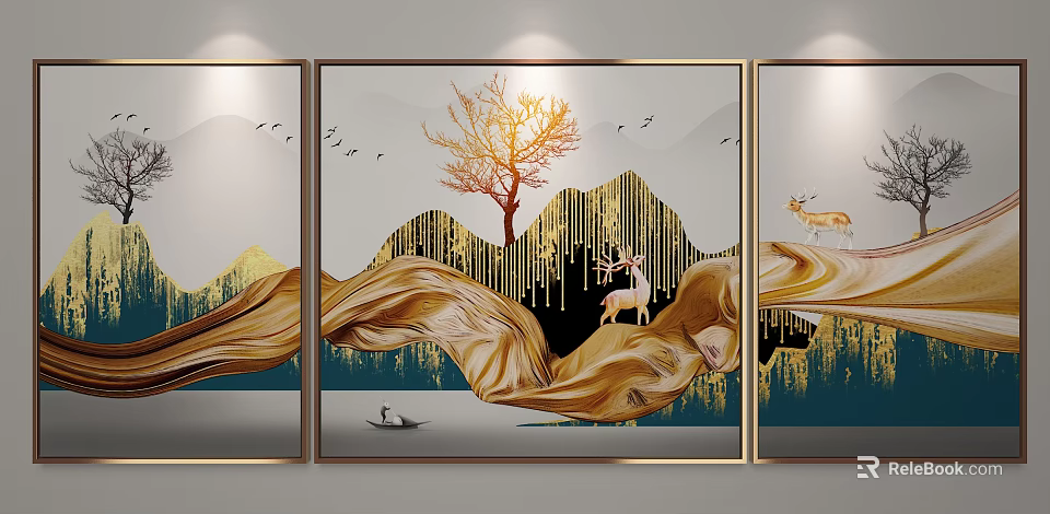 Modern Triptych Wall Art With Golden Tree Mountains Deer And Flying Birds 3d model 