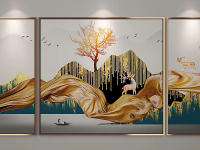 Modern Triptych Wall Art With Golden Tree Mountains Deer And Flying Birds 3d model