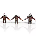 Three Armor Character Models With Different Helmets Crimson Outfits And Golden Details In Standing Poses