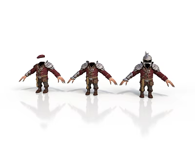 Three Armor Character Models With Different Helmets Crimson Outfits And Golden Details In Standing Poses 3d model