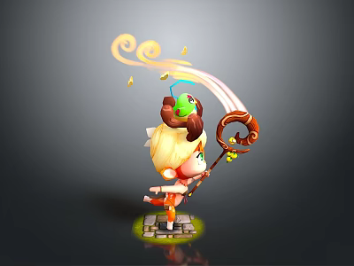 Cartoon Character With Green Creature On Magic Staff And Golden Magic Effects On Platform 3d model