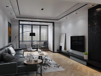 Simple black and white gray living room dining room wood floor rotten wood board 3d model