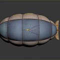 Blue And White Hot Air Balloon With Red Flag Yellow Symbols Small Wings And Wooden Basket