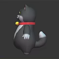 3D Cartoon Cat With Gray White Fur Red Collar Golden Bell Standing On Black Background