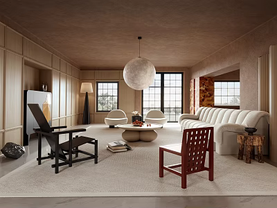 Modern Living Room Interior With White Sofa Round Pendant Light Wooden Furniture And Large Windows 3d model