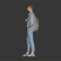 A Young Man Standing in Casual Outfit With Plaid Shirt White T-Shirt Jeans and Backpack