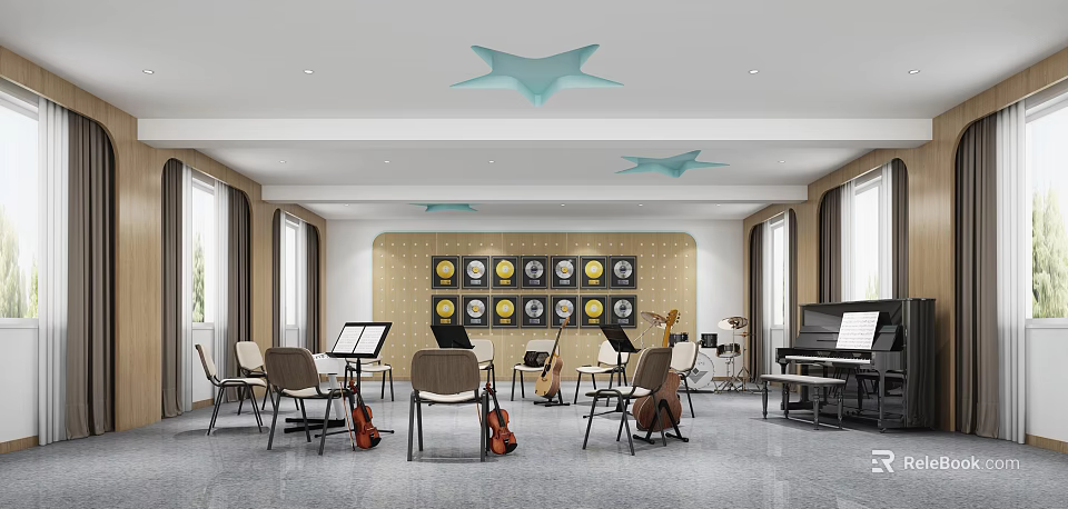Artistic Musical Classroom Interior with Piano Violins Music Stands Blue Star Ceiling and Circular Decorations 3d model 