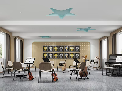 Artistic Musical Classroom Interior with Piano Violins Music Stands Blue Star Ceiling and Circular Decorations 3d model