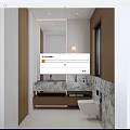 Modern Bathroom Interior With Marble Vanity Mirror Round Wall Lights And Wooden Cabinets
