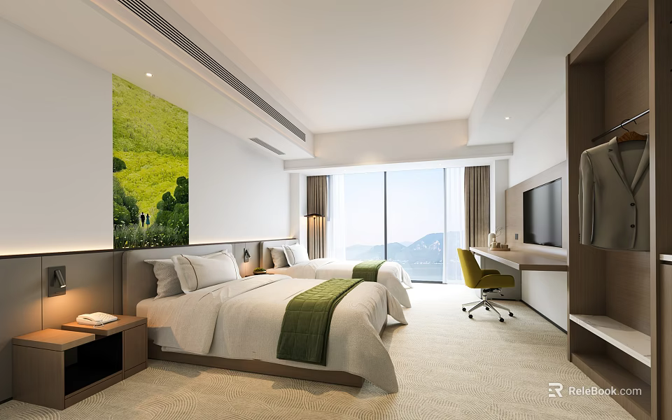 Hotel Guest Room With Twin Beds Green Accents Large Windows Mountain View Desk And Chair 3d model 