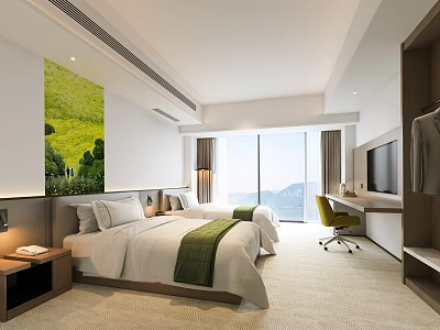 Hotel Guest Room With Twin Beds Green Accents Large Windows Mountain View Desk And Chair 3d model