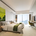 Hotel Guest Room With Twin Beds Green Accents Large Windows Mountain View Desk And Chair