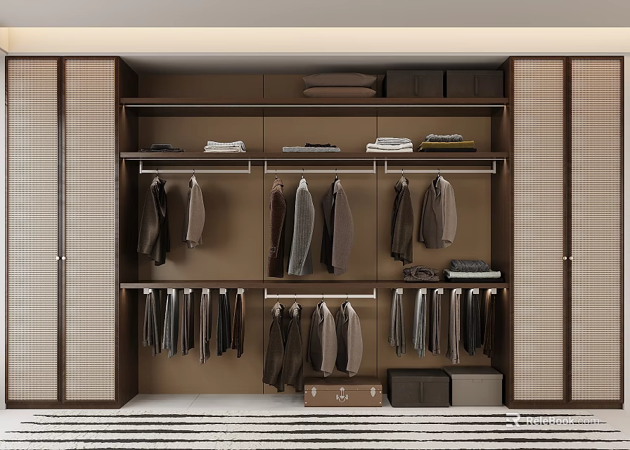 Organized Wardrobe Interior With Hanging Rods Shelves For Folded Clothes And Storage Boxes 3d model 