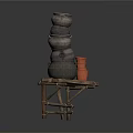 Rustic Wooden Table With Stacked Pottery Jars And Small Terracotta Pots