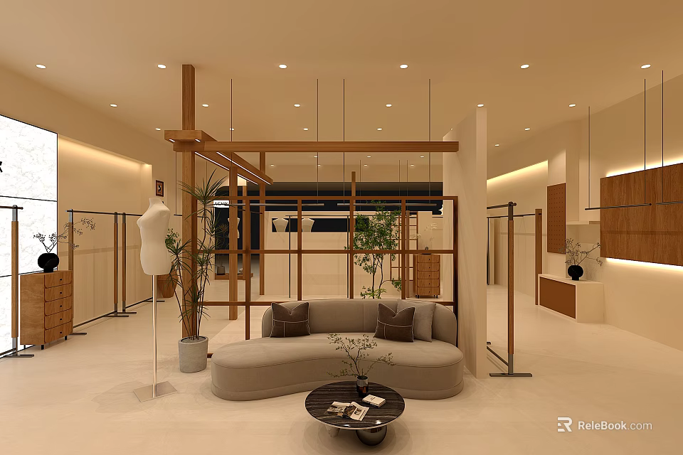 Modern Clothing Store Interior With Mannequins Clothing Racks Sofa Plants And Wooden Decor 3d model 