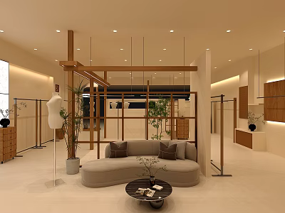Modern Clothing Store Interior With Mannequins Clothing Racks Sofa Plants And Wooden Decor 3d model