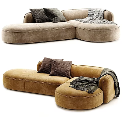 Modern Sectional Sofa With Beige Brown Plush Fabric Pillows And Throw Blanket 3d model
