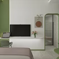 Modern Hotel Room Interior With Green Walls White Bed Round Mirror And Lighting