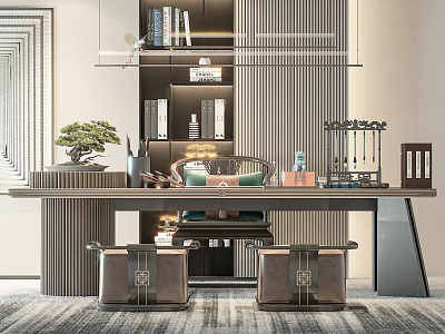 Traditional Zen Tea Room With Wooden Furniture Tea Sets And Green Plants 3d model