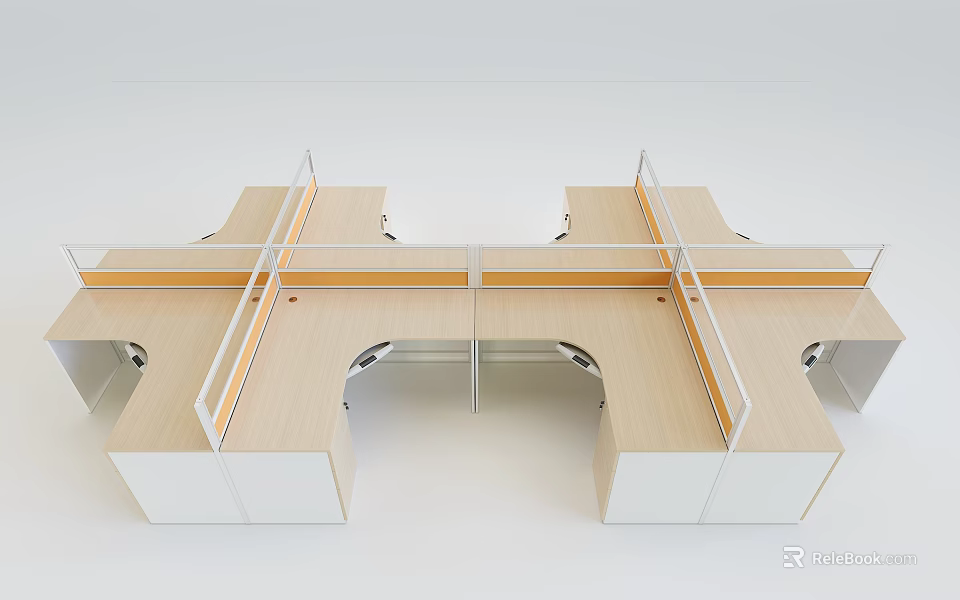Modern Modular Office Desk With Wooden Top Metal Frame Partition And Workstations 3d model 