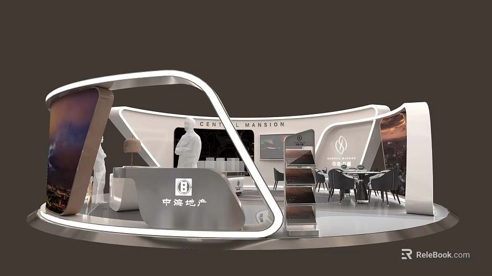 Modern Exhibition Booth Design With Curved Structure Display Screens And Tables For Zhonggang Real Estate 3d model 