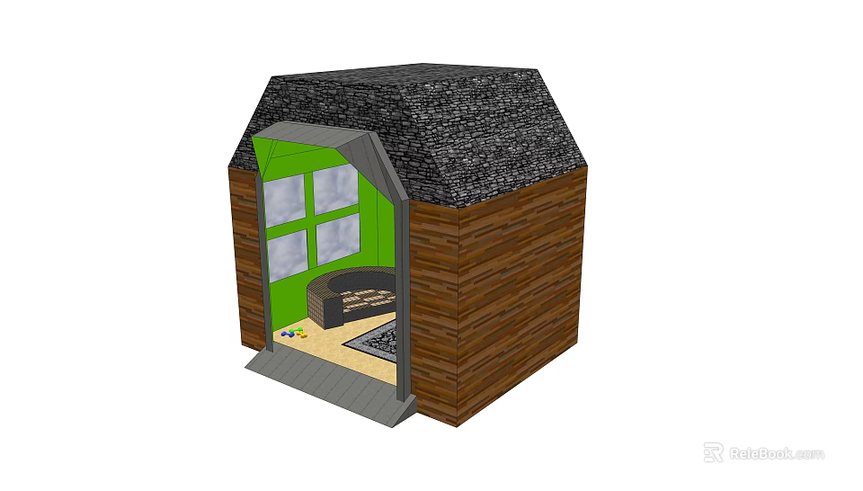 Cute Wooden Garden Shed With Green Door Windows And Gray Roof For Outdoor Use 3d model 