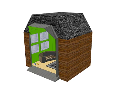 Cute Wooden Garden Shed With Green Door Windows And Gray Roof For Outdoor Use 3d model