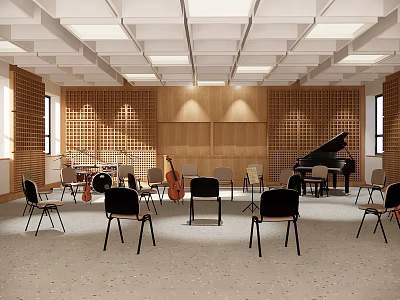 School Music Classroom With Drums Cello Piano Chairs Wooden Walls And Windows 3d model