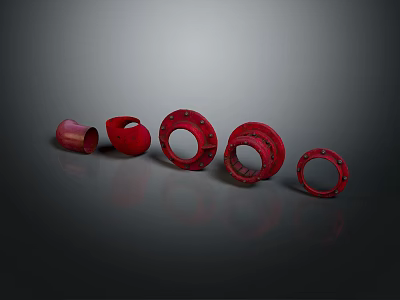 Red Circular Flanges Equipment With Various Sizes Arranged On Dark Background 3d model