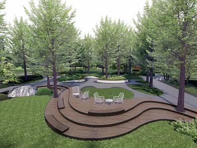 Serene Park Landscape With Curved Wooden Deck White Chairs Tables Green Lawn And Tall Trees 3d model
