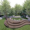 Serene Park Landscape With Curved Wooden Deck White Chairs Tables Green Lawn And Tall Trees
