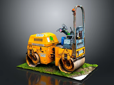 Detailed Yellow Double Drum Road Roller Model on Grass with Reflective Base 3d model