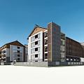 Multi Story Modern Hotel Building With Traditional Roof Design Wooden Panel And Stone Wall