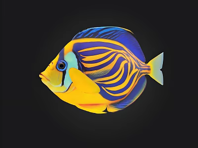 Colorful Tropical Fish With Vibrant Yellow Blue Purple Stripes Against Black Background 3d model