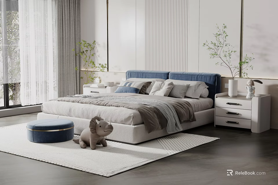 Elegant Double Bed With Blue Headboard Gray Bedding Nightstands Plants And Stuffed Lion 3d model 