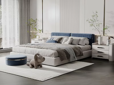 Elegant Double Bed With Blue Headboard Gray Bedding Nightstands Plants And Stuffed Lion 3d model