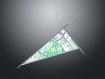 Architectural Plan Displayed On Triangular Flag With Green And White Design 3d model