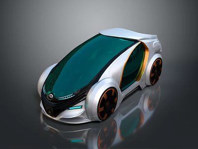 Futuristic Silver Car With Green Roof And Orange Wheels Sleek Design 3d model