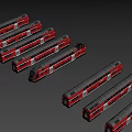Multiple Red Train Models Lined Up Side by Side on Gray Background 3d model