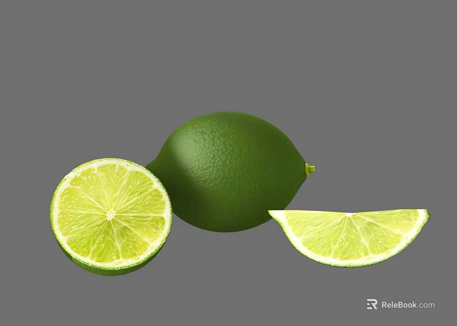 Fresh Green Lime Vegetable With Whole And Sliced Pieces On Gray Background 3d model 