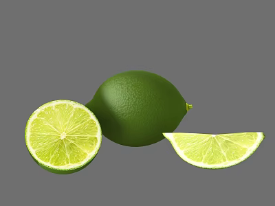 Fresh Green Lime Vegetable With Whole And Sliced Pieces On Gray Background 3d model