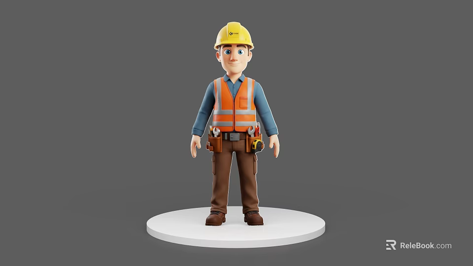 Cartoon Game Movie Character Wearing Yellow Hard Hat Orange Safety Vest With Tool Belt 3d model 