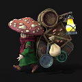 Game Character Pushing Cart With Red Spotted Mushroom Hat Green Coat And Lantern