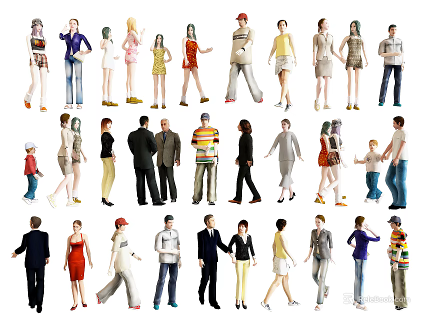 Diverse Group of People Figures in Various Poses and Clothing Styles 3d model 
