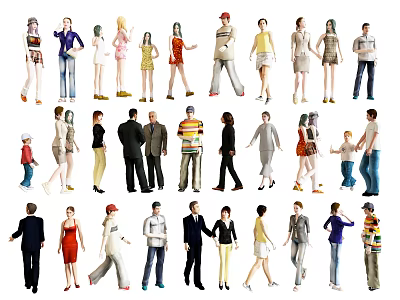 Diverse Group of People Figures in Various Poses and Clothing Styles 3d model