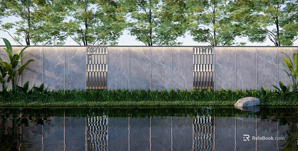 Modern Scenic Wall Landscape Design With Stone Surface Metal Grilles Greenery And Water Reflection 3d model 