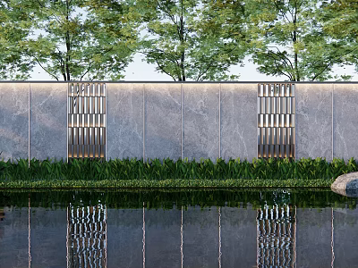 Modern Scenic Wall Landscape Design With Stone Surface Metal Grilles Greenery And Water Reflection 3d model